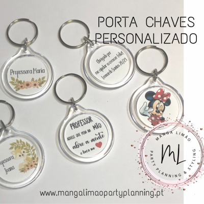 Porta-chaves personalizáveis de plástico transparente com desenhos e textos variados