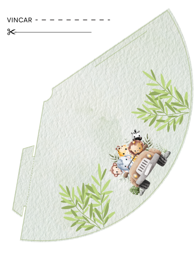 Padrão curvo com ilustração infantil de animais num carro e plantas verdes sobre fundo branco