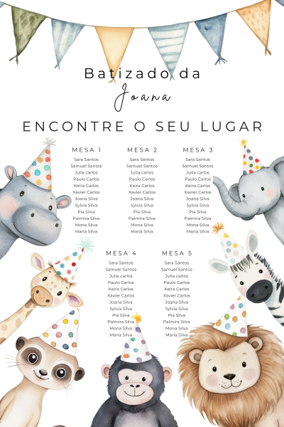 Cartaz de batizado com lista de lugares e ilustrações de animais com chapéus festivos