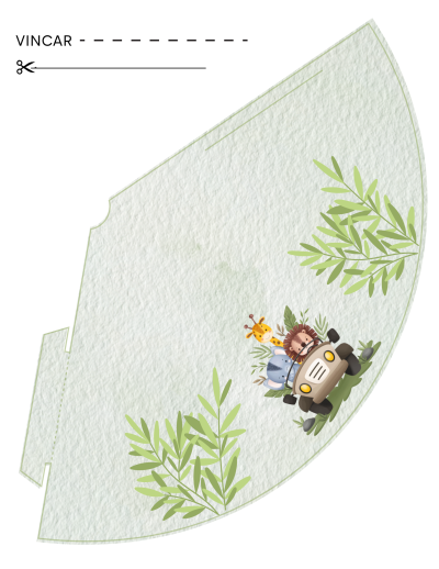 Peça de papel com ilustração de animais num carro rodeados por folhas verdes e texto VINCAR