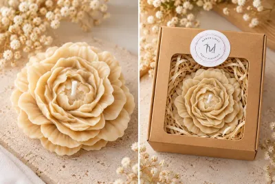 Vela floral bege em caixa de papelão com etiqueta MANGA LIMÃO