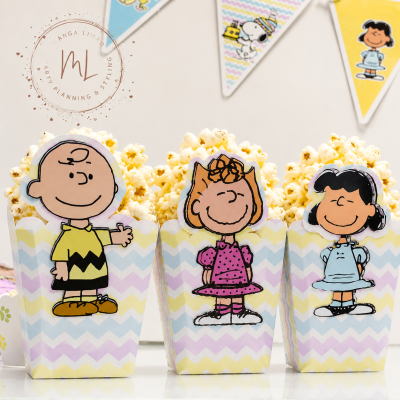 Caixas de pipocas decorativas com personagens dos Peanuts e padrão zigzag colorido.