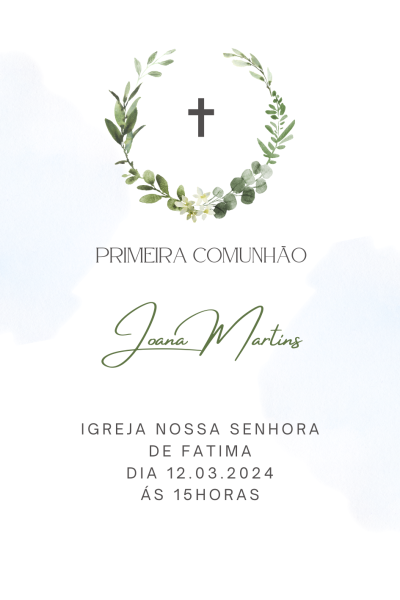 Convite de primeira comunhão com ramos verdes e cruz