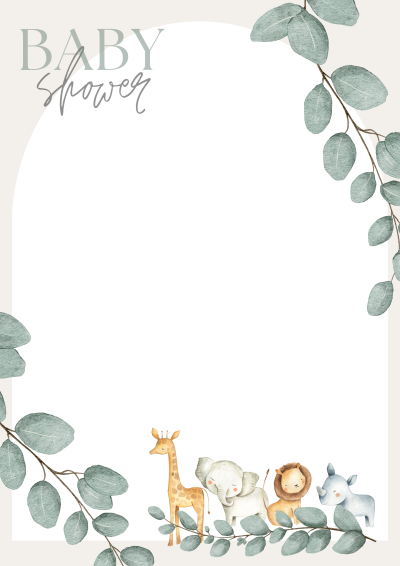 Convite para baby shower com folhas verdes e animais desenhados em tons pastel