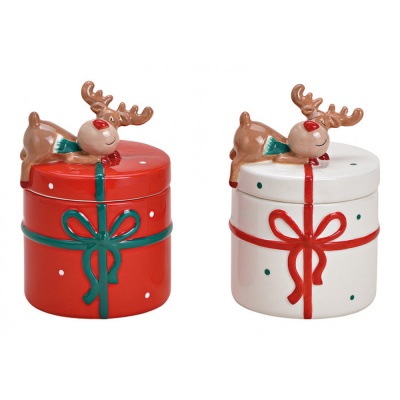 Frascos de armazenamento vermelhos e brancos com decoração de rena no topo