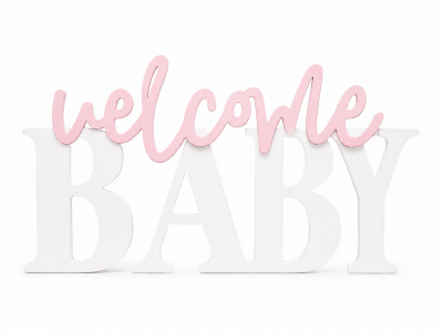 Letreiro decorativo com as palavras welcome BABY em rosa e branco
