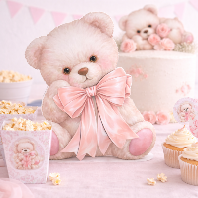 Ursinho de pelúcia rosa com laço, caixas de pipoca, cupcakes decorados e bolo com ursinhos e rosas