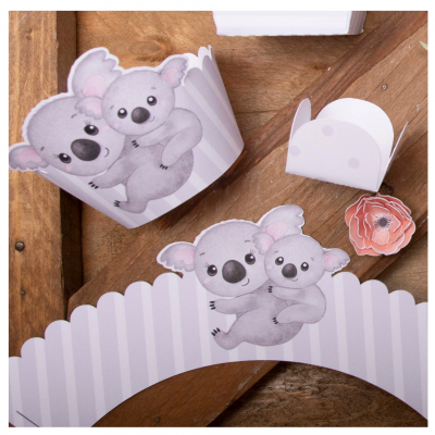 Conjunto de acessórios para festa com design de coalas cinzentos em papel lilás e branco