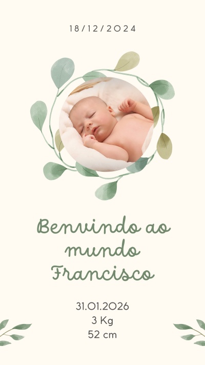 Cartão de anúncio de nascimento com foto de bebê e texto informativo.