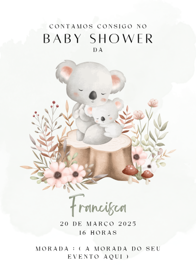 Convite de Baby Shower com dois coalas e flores em tons pastel