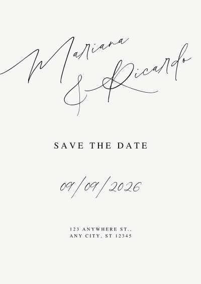 Cartão de convite de casamento com nomes, data e endereço