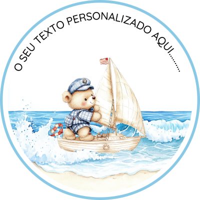 Urso marinheiro segurando veleiro no mar com texto personalizável em arco