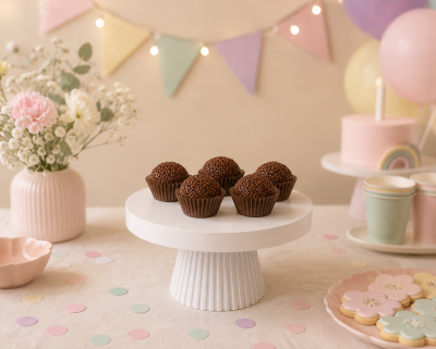 Cinco brigadeiros de chocolate sobre base branca, com decoração festiva e flores ao fundo.