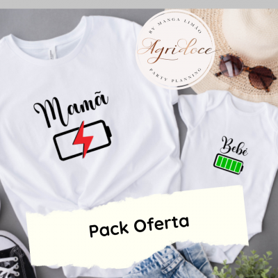 Pack oferta com t-shirts brancas para mãe e bebé, estampadas com ícones de bateria e texto