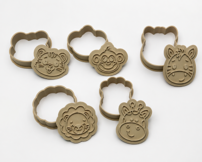 Conjunto de 5 cortantes e carimbos para bolachas tema Safari Baby com leão, girafa, macaco, zebra e