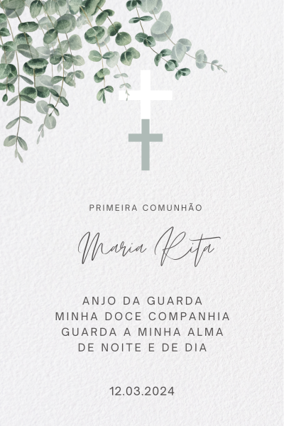 Convite de Primeira Comunhão com folhas verdes, crucifixos e texto em português