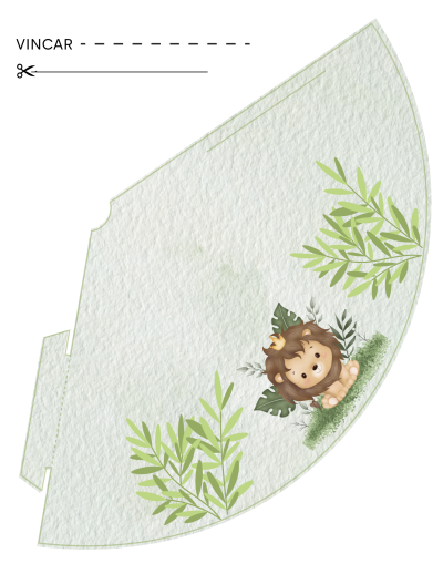 Recorte de cone de papel com ilustração de leãozinho e folhas verdes