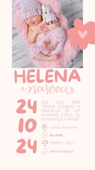 Imagem de bebé recém-nascido vestido de malha rosa com boneca de pano e texto de nascimento
