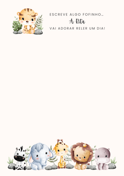 Papel decorativo com animais bebés e texto em português para escrita