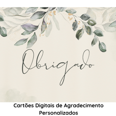 Cartão digital de agradecimento com folhas em aquarela e texto Obrigado