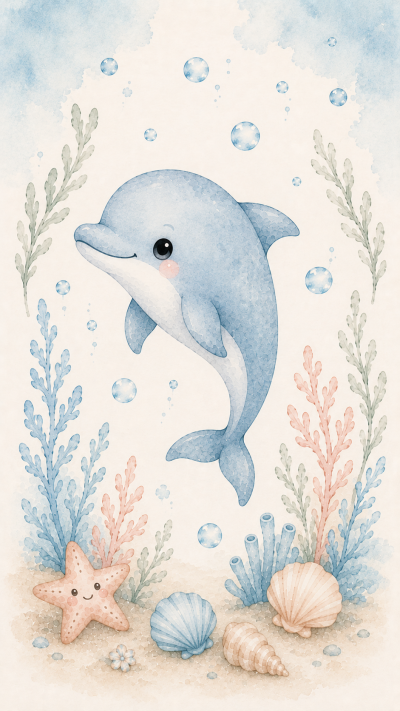 Ilustração de um golfinho azul claro com bolhas e elementos marinhos coloridos em aquarela