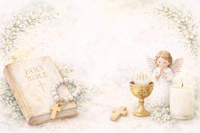 Bíblia, terço, cálice com hóstia JHS, vela, cruz e anjo a rezar em fundo floral claro