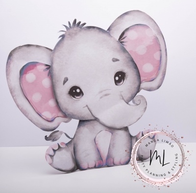 Desenho de elefante cinzento com orelhas cor-de-rosa e pontos brancos sentado