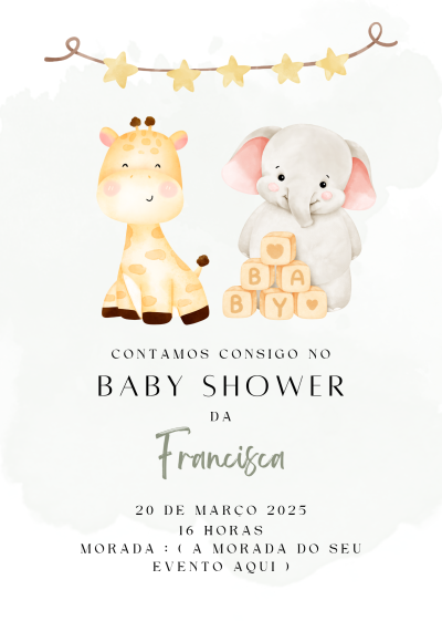 Convite de baby shower com girafa e elefante em aquarela e texto em português