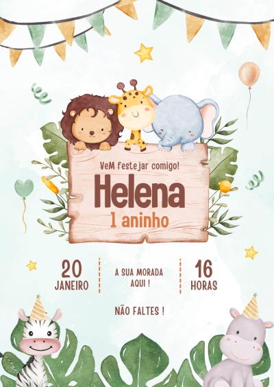 Convite de festa infantil com animais e texto para 1º aniversário da Helena