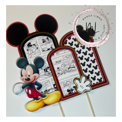Peças decorativas com tema Mickey Mouse em papel com cores preto, branco, vermelho, amarelo e azul