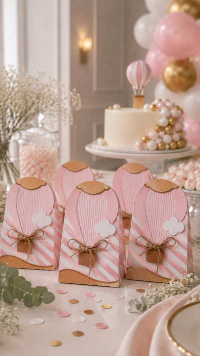 Caixas de papel rosa com decoração de balão de ar quente numa mesa de festa decorada.