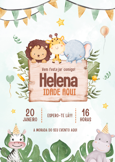 Convite festa infantil com animais e texto para data, hora e local