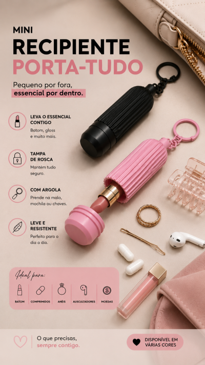 Mini recipiente porta-tudo preto e rosa com argola e tampa de rosca, rodeado por maquilhagem e acessórios, texto promocional em português.