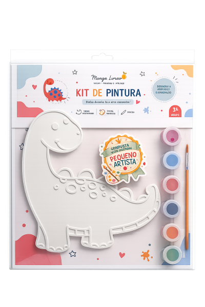 Kit de pintura infantil com figura de dinossauro, tintas coloridas e pincel em embalagem