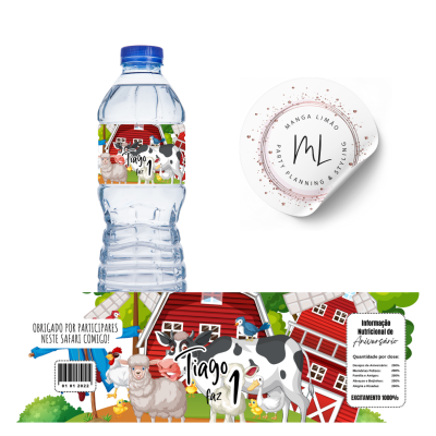 Garrafa de água com rótulo colorido de fazenda e sachet branco com texto MANGA LIMÃO