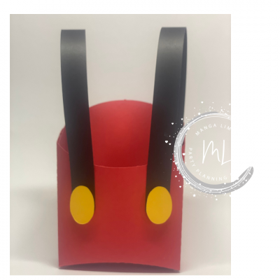 Cesto vermelho com alças pretas e elementos amarelos