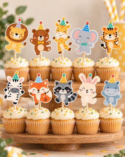 Cupcakes decorados com toppers de animais e chapéus de festa