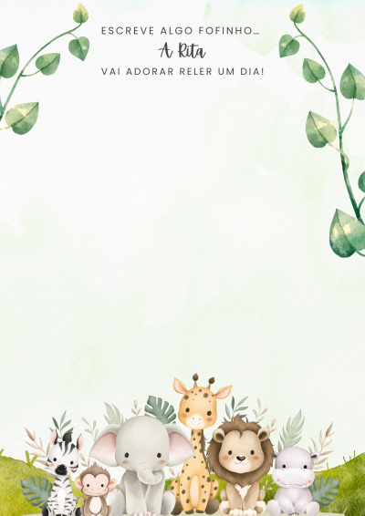 Ilustração de animais fofinhos com texto em português sobre fundo verde claro