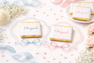 Chocolate embalado com papel branco e bolinhas coloridas com texto Obrigado, sobre etiquetas com laços, flores e fitas decorativas.