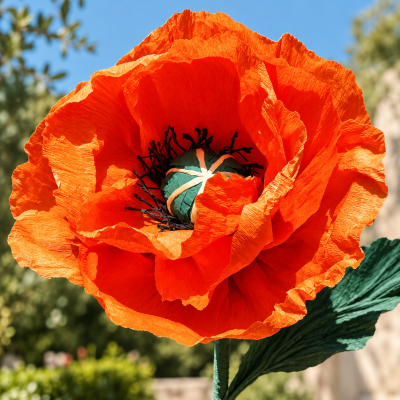Flor artificial grande laranja tipo papoila com folhas verdes ao ar livre.