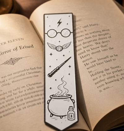 Marcador de livros cinza com símbolos de Harry Potter sobre livro aberto