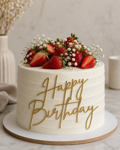 Bolo de aniversário branco com morangos e decoração de flores brancas