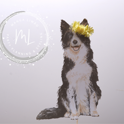Adesivo de Border Collie com grinalda de flores amarelas em fundo branco