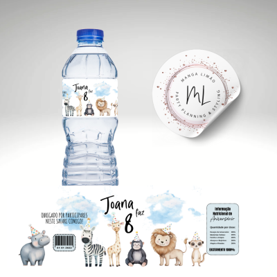 Garrafa de água com rótulo de aniversário e tampa de iogurte manga limão