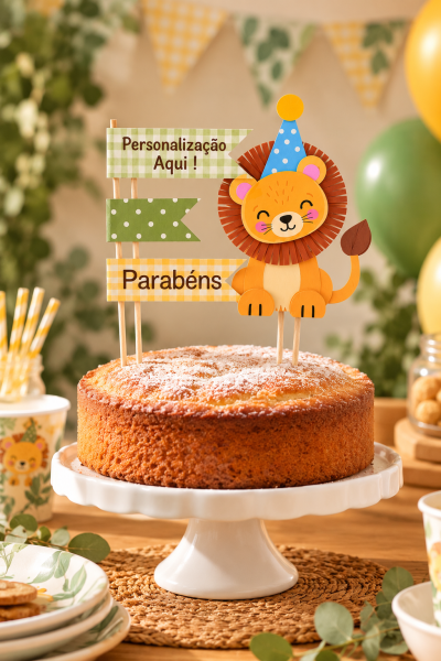 Bolo decorado com toppers de leão e bandeiras personalizáveis num ambiente de festa