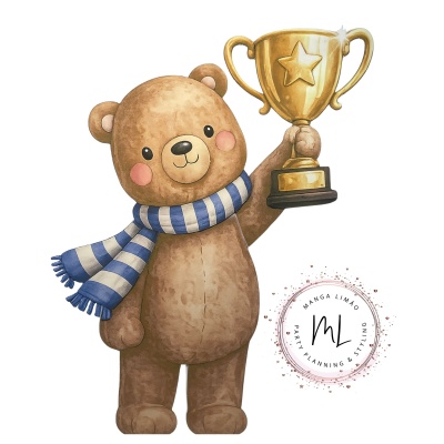 Ursinho castanho com cachecol azul e branco segurando troféu dourado