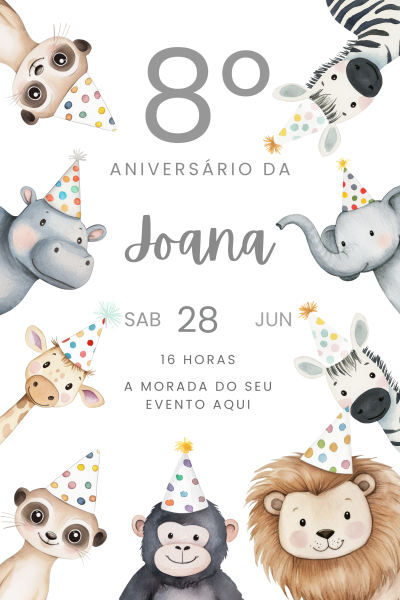 Convite de aniversário infantil com animais de desenho animado e texto em português.