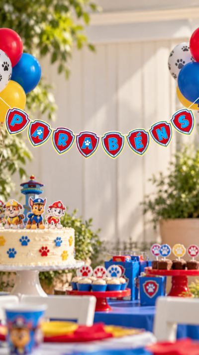 Decoração de festa infantil com guirlanda PARABÉNS, balões coloridos, bolo e cupcakes temáticos