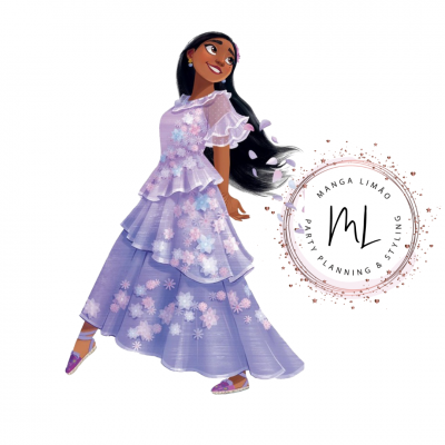 Personagem animada com vestido lilás floral e logo Manga Limão ao lado