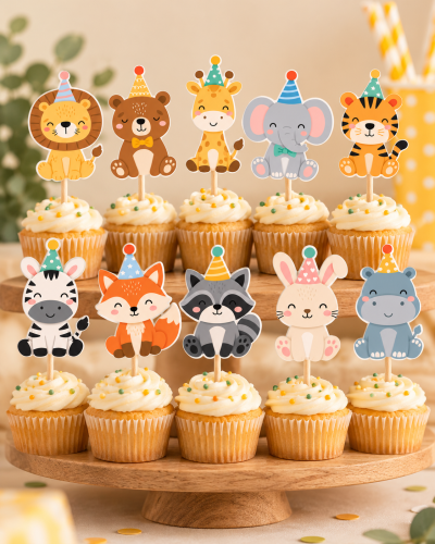 Cupcakes decorados com toppers de animais de festa em papel com chapéus coloridos